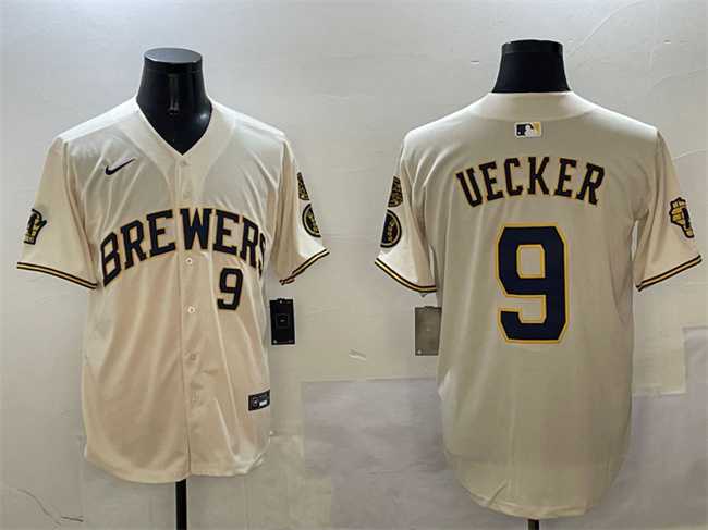 Men%27s Milwaukee Brewers #9 Bob Uecker Cream With Home Patch Limited Stitched Jersey->los angeles dodgers->MLB Jersey